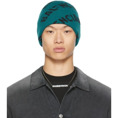 Shop Balenciaga Knit Logo Beanie In Petrol Blue/black