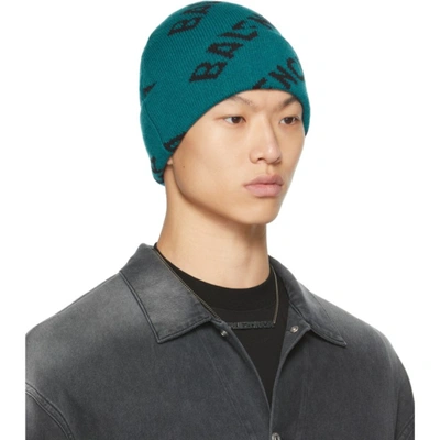 Shop Balenciaga Knit Logo Beanie In Petrol Blue/black