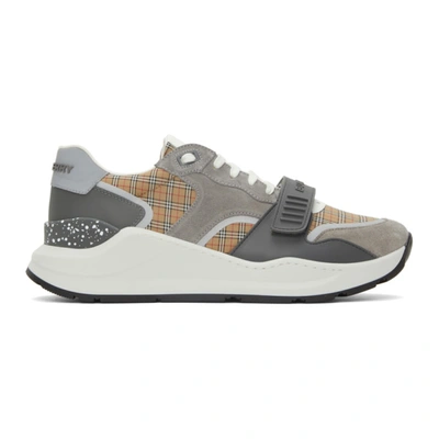 Shop Burberry Suede & Leather Check Low Sneakers In Archive Beige/grey