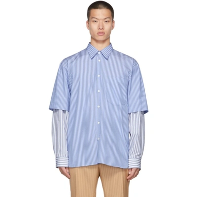 Carle Cotton Contrast Layered Striped Shirt In Light Blue