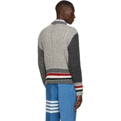 Shop Thom Browne Wool Rwb Stripe Cable Sweater In Tonal Grey
