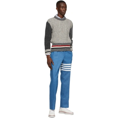 Shop Thom Browne Wool Rwb Stripe Cable Sweater In Tonal Grey
