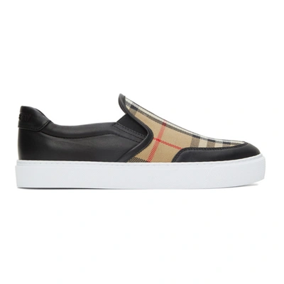 Shop Burberry Salmond Check Slip-on Sneakers In Black/archive Beige