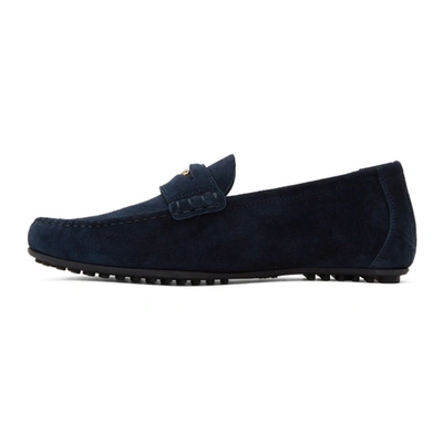 Shop Versace Navy Suede Penny Loafers