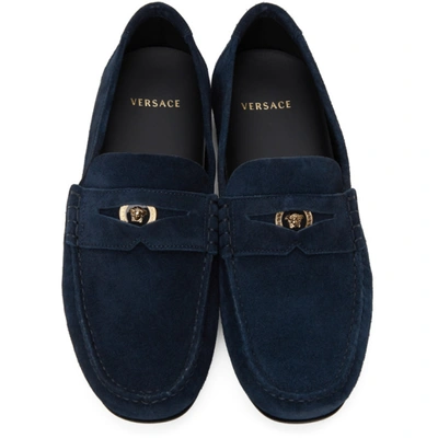 Shop Versace Navy Suede Penny Loafers