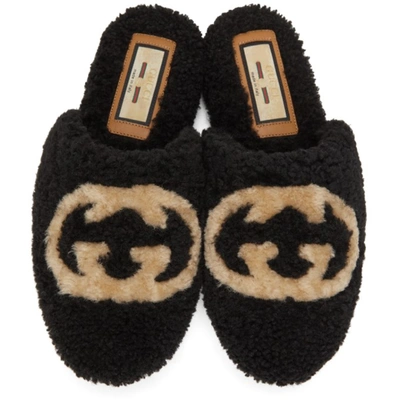 Shop Gucci Black Wool Interlocking G Slippers In Black/buttersco