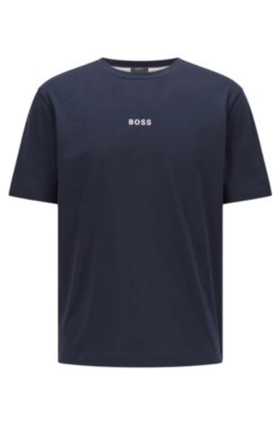 Shop Hugo Boss Relaxed-fit T-shirt In Stretch Cotton With Logo Print In Dark Blue