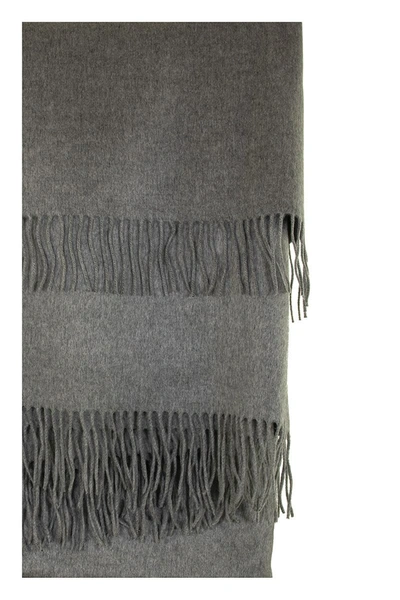 Shop Brunello Cucinelli Silk Plaid Throw With Fringe In Light Grey