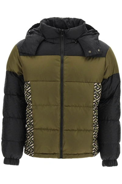 Shop Versace Down Jacket With La Greca Print In Mixed Colours