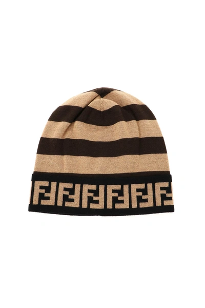 Shop Fendi Wool Beanie Hat In Beige,brown,black