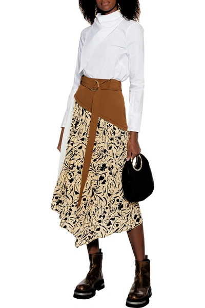 Shop Proenza Schouler Asymmetric Belted Printed Crepe Midi Skirt In Army Green