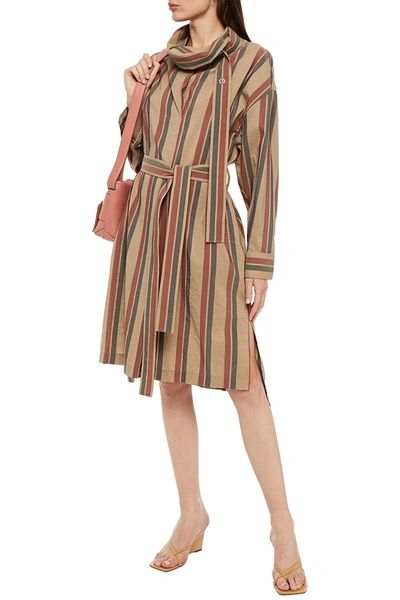 Acne Studios Belted Striped Wool-blend Dress In Sand