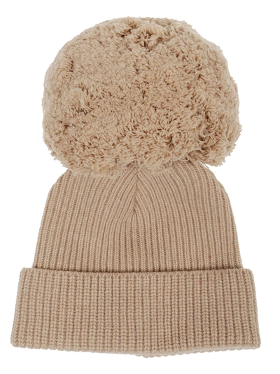 Shop Alberta Ferretti Pompom Ribbed Beanie In Beige