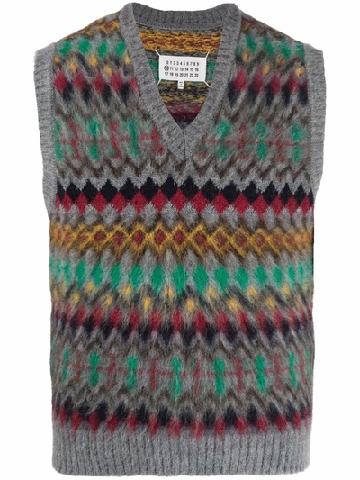 Shop Maison Margiela Intarsia-knit V-neck Vest In 灰色