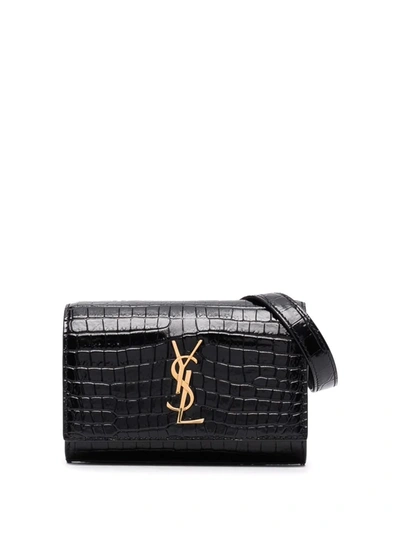 Shop Saint Laurent Croc-embossed Monogram Belt Bag In 黑色