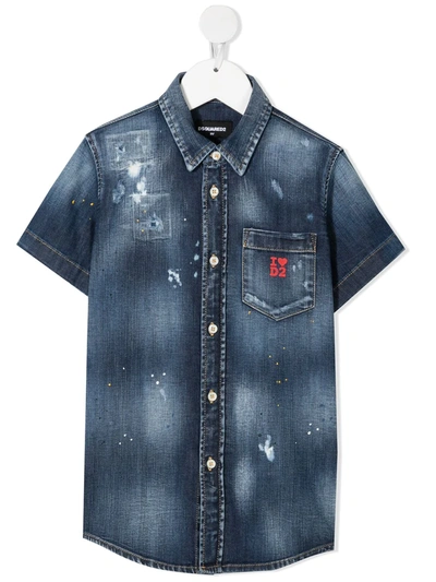 Shop Dsquared2 Distressed Logo Denim Shirt In 蓝色