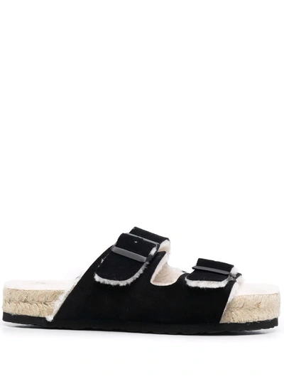 Shop Manebi Hamptons Double-strap Leather Slides In 黑色