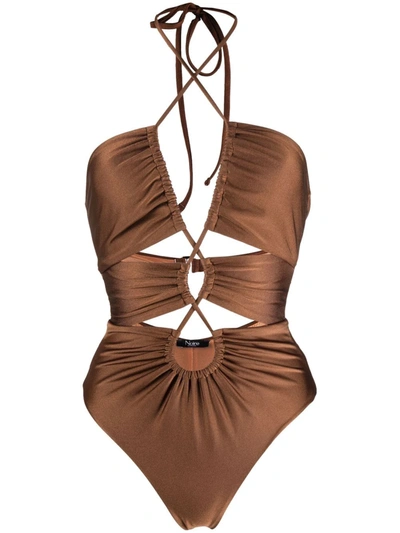 Noire Swimwear Gathered Cut-out Swimsuit In 褐色