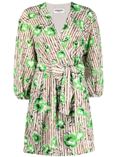 Shop Essentiel Antwerp Floral-print Tie-fastening Mini Dress In 绿色