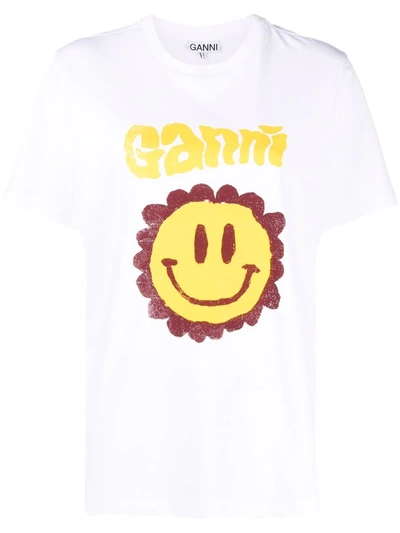 Shop Ganni Flower Smiley-print T-shirt In 白色