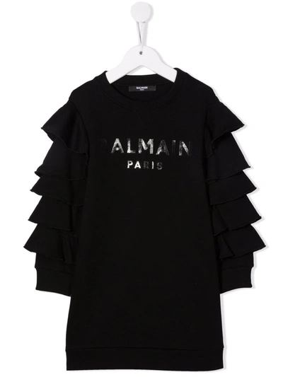 Shop Balmain Metallic Logo-print Ruffled Jumper Dress In 黑色