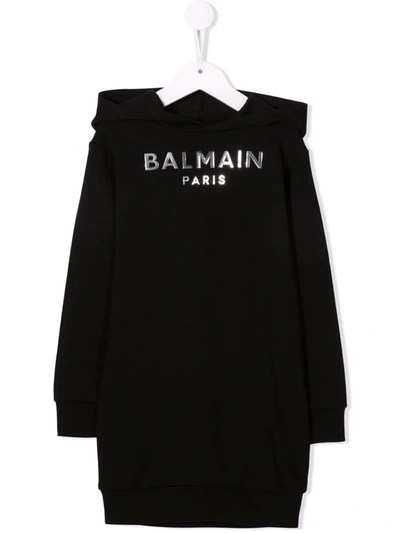 Shop Balmain Metallic Logo-embossed Hooded Jumper Dress In 黑色