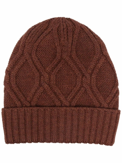 Shop Lardini Cable-knit Wool Beanie In 褐色