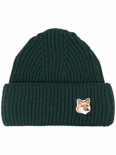 Shop Maison Kitsuné Fox-patch Knitted Wool Beanie In 绿色
