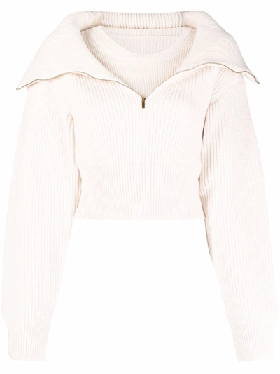 Shop Jacquemus Zip-fastening Ribbed-knit Jumper In 白色