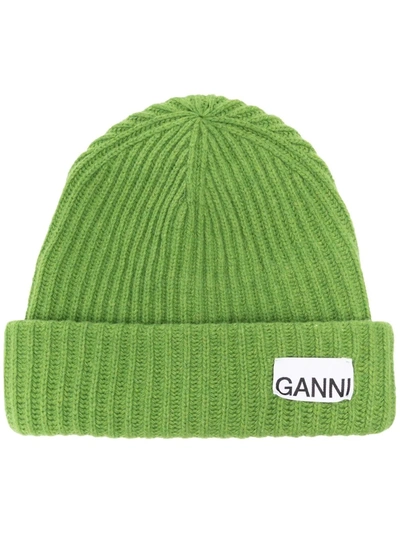 Shop Ganni Logo-patch Ribbed Beanie In 绿色