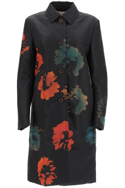 Shop Marni Floral Printed Longline Coat In Black