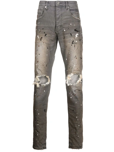 Purple Brand Paint Splatter-print Distressed Jeans In Grau