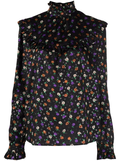 Saint Laurent Floral-print Long-sleeve Blouse In Schwarz