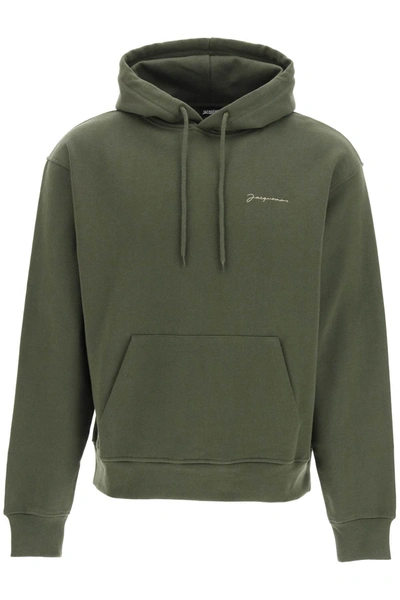 Shop Jacquemus Logo Embroidery Hoodie In Khaki