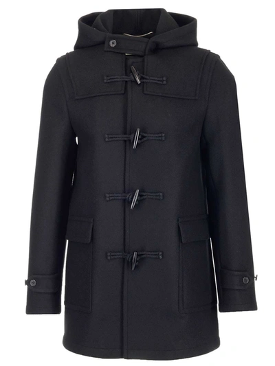 Shop Saint Laurent Hooded Duffle Coat In Black