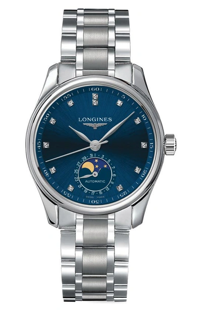 Shop Longines Master Collection Automatic Diamond Bracelet Watch, 34mm In Blue