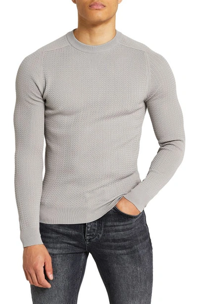 Shop River Island Cable Knit Crewneck Sweater In Grey