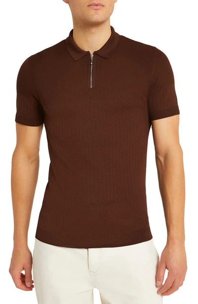 Shop River Island Smart Ribbed Polo Shirt In Brown - Dark