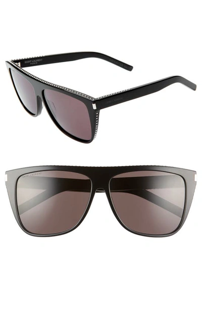 Shop Saint Laurent 59mm Studded Flat Top Sunglasses In Black/ W/ Silver Studs/ Grey