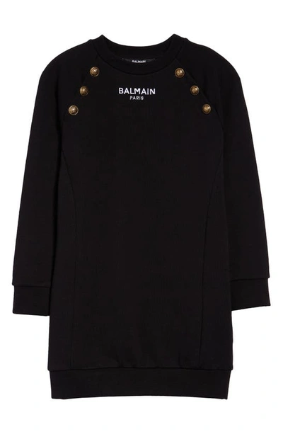 Shop Balmain Kids' Button Shoulder Sweatshirt Dress In Black