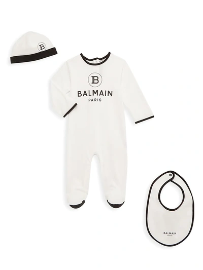 Shop Balmain Baby's 3-piece Logo Footie, Bib & Hat Set In White Black