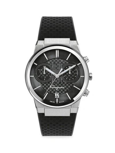 Shop Ferragamo Men's  Sapphire Chrono Silvertone Stainless Steel Silicone Strap Watch In Black