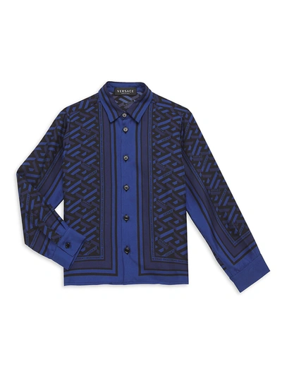 Shop Versace Little Boy's & Boy's Monogram La Greca Silk Twill Shirt In Blue Navy
