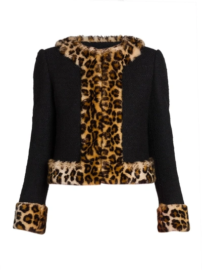 Shop Moschino Faux Fur-trim Knit Tweed Jacket In Fantasy Print Black