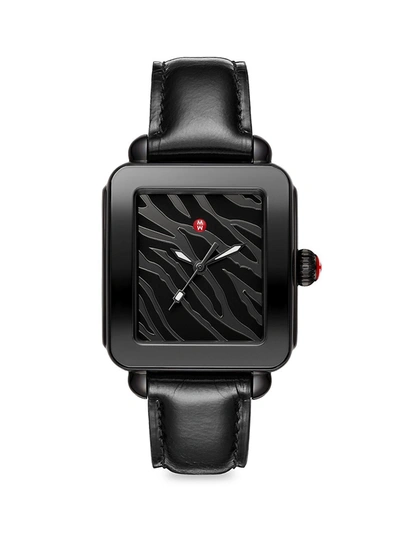 Shop Michele Deco Sport Noir Stainless Steel & Leather Strap Watch In Black