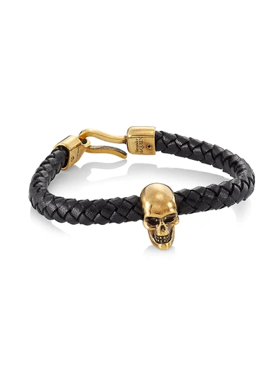 Shop Alexander Mcqueen Goldtone & Braided Leather Skull Bracelet In Black