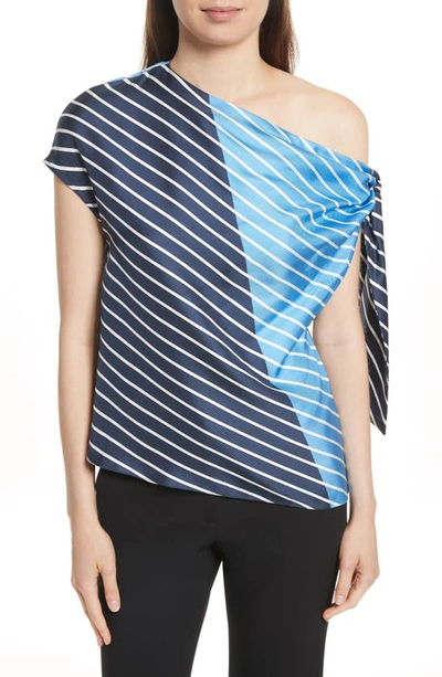 Shop Tibi Delphina Colorblock Stripe Asymmetrical Silk Top In Navy Multi