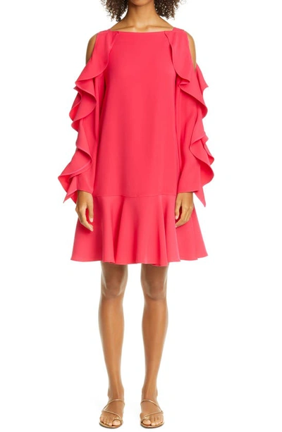 Shop Adeam Cold Shoulder Ruffle Long Sleeve Crepe Dress In Fuchsia