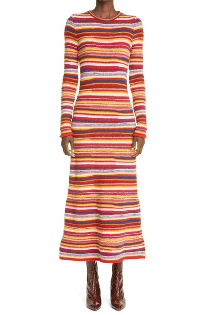 Shop Chloé Irregular Stripe Long Sleeve Recycled Cashmere Blend Sweater Dress In Multicolor Red