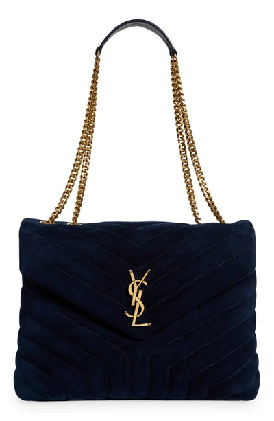 Shop Saint Laurent Medium Lou Matelassé Suede Shoulder Bag In Deep Blue